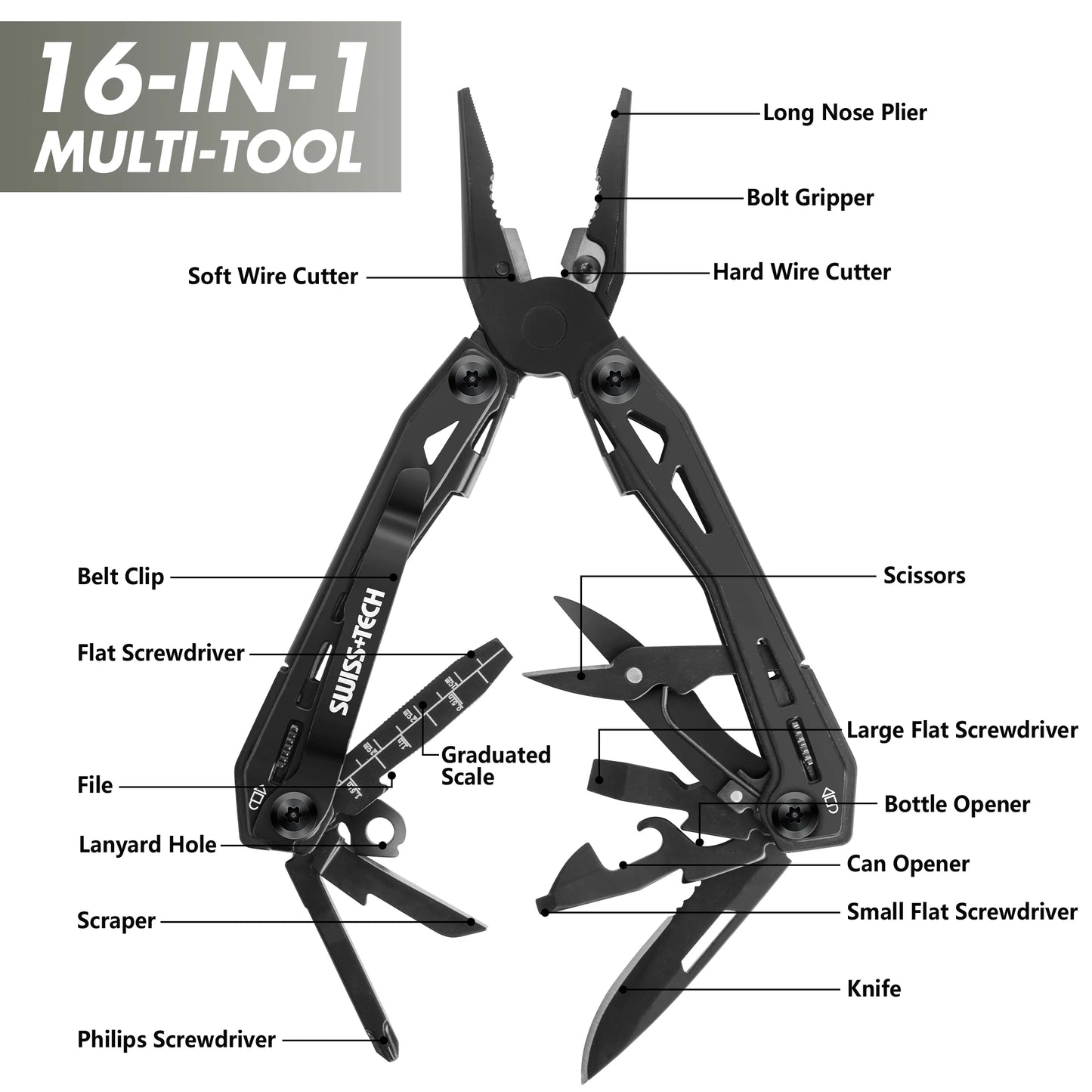 Swiss Tech - 16 in 1 Multitool for Men Survival / Camping / Outdoor Tool